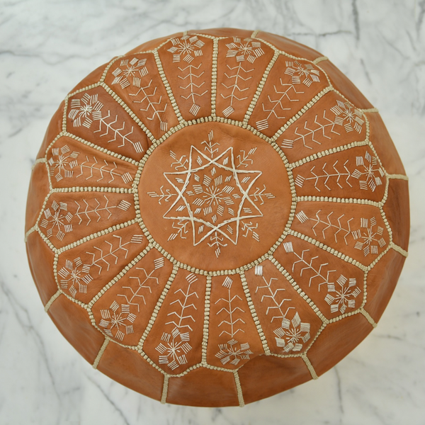 Leather Pouf - Brown Embroidery