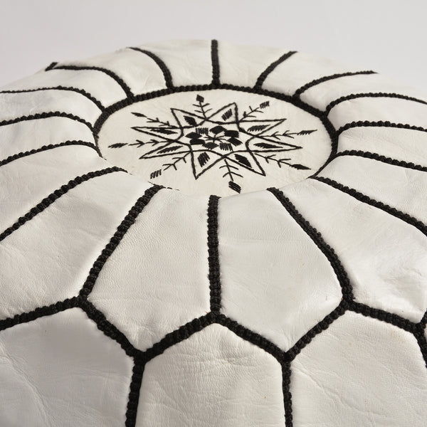 Leather Pouf - White/ Black